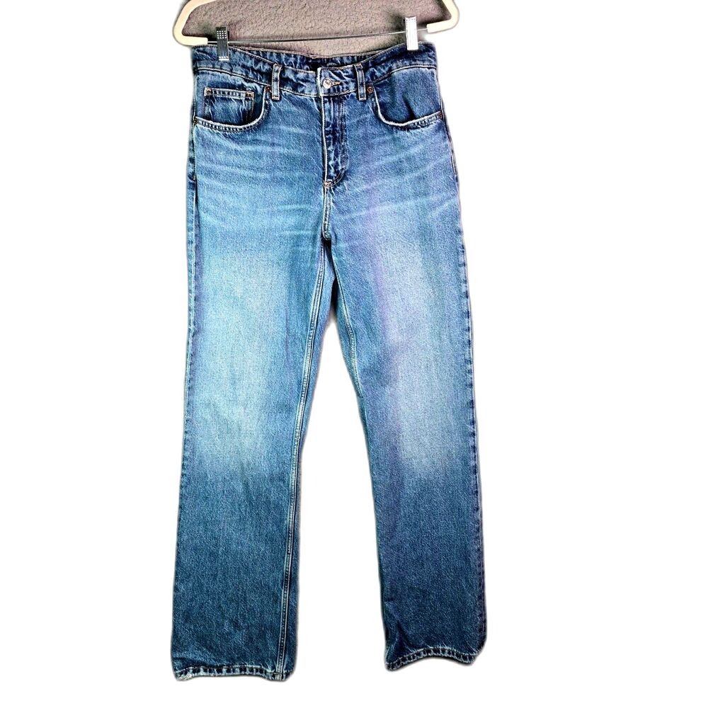 Zara Jeans Medium Blue 8 Straight Leg High Rise 100 Cotton Long Inseam